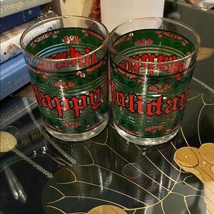 Festive Happy Holidays Glass Set with Red and Green Design